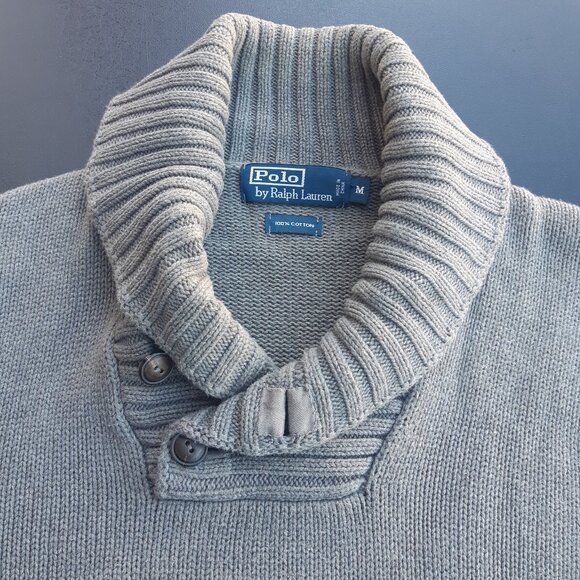 Polo Ralph Lauren SZ M Gray 100% Cotton 2 Button Shawl Collar Men's Sweater - Picture 3 of 14
